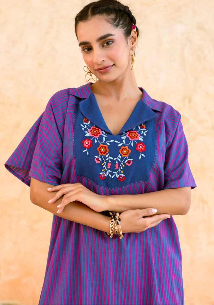 Pink & Blue Striped Kurta