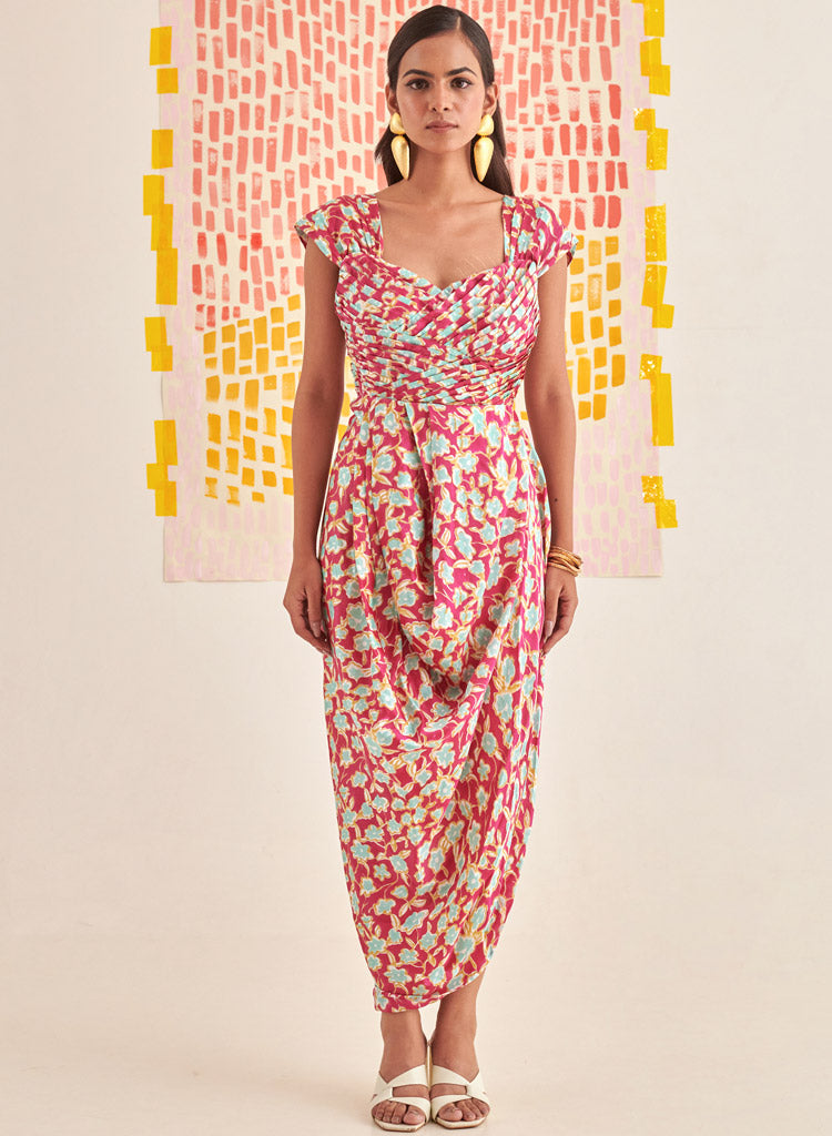 Pleated Bustier Draped Dress