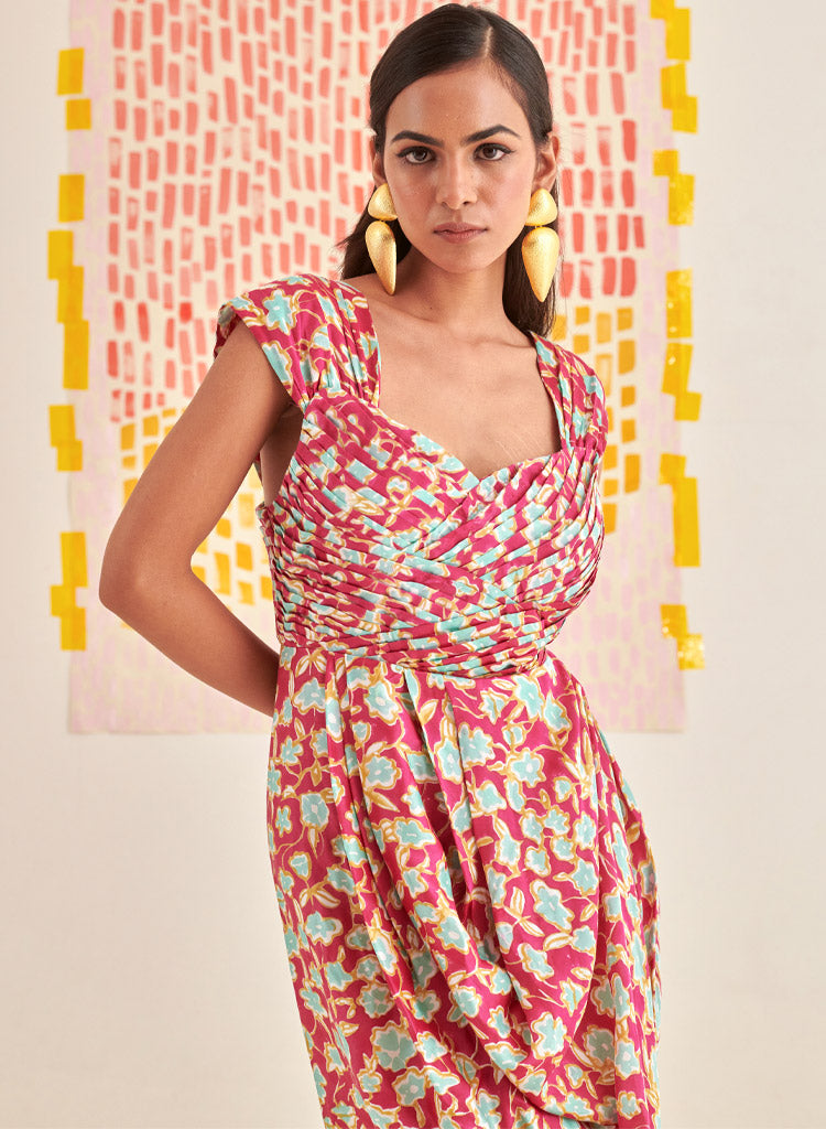 Pleated Bustier Draped Dress