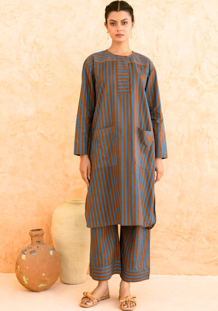 Teal Brown Striped Kurta Set