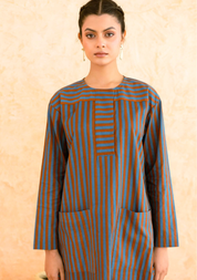 Teal Brown Striped Kurta Set