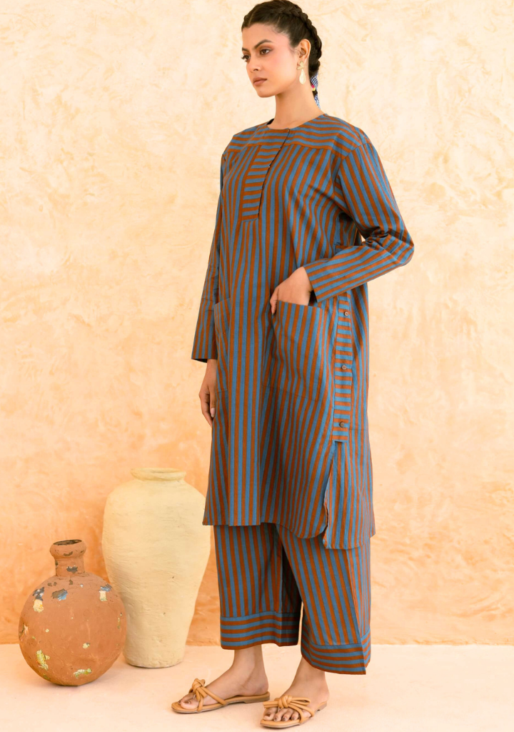 Teal Brown Striped Kurta Set