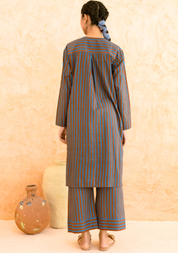 Teal Brown Striped Kurta Set