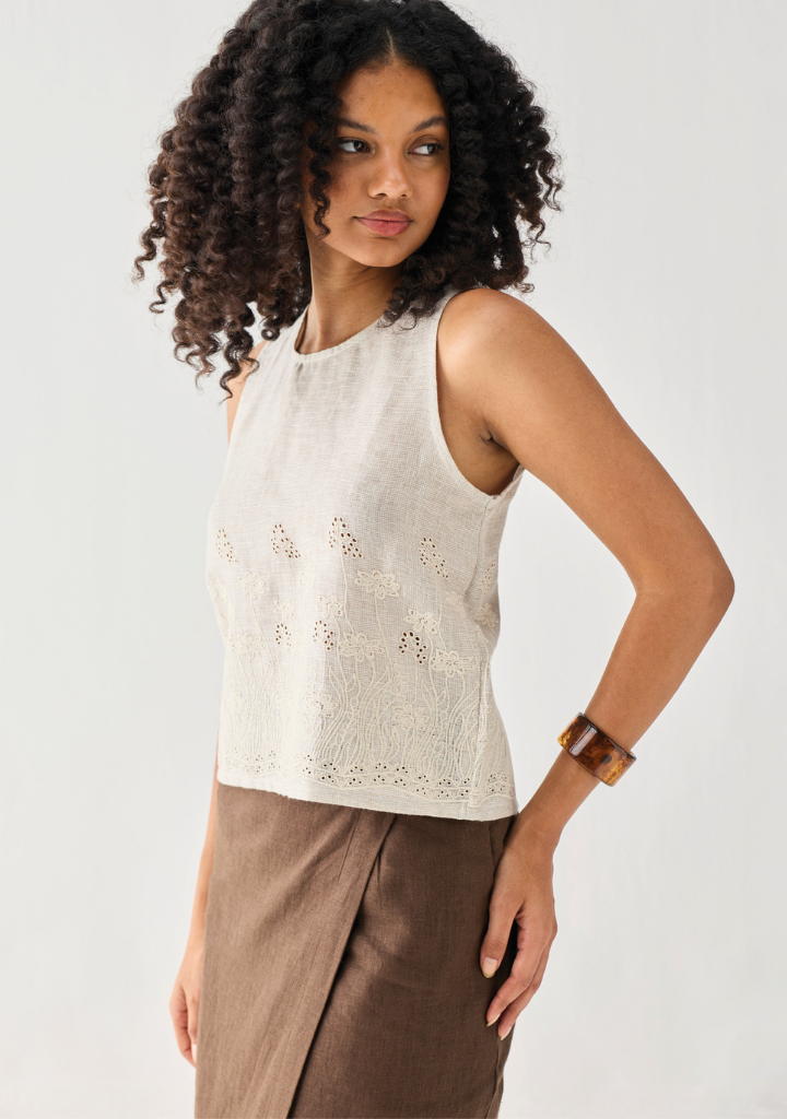 Embroidered Button Back Top