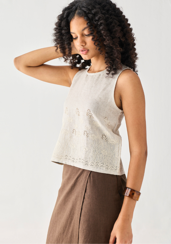 Embroidered Button Back Top