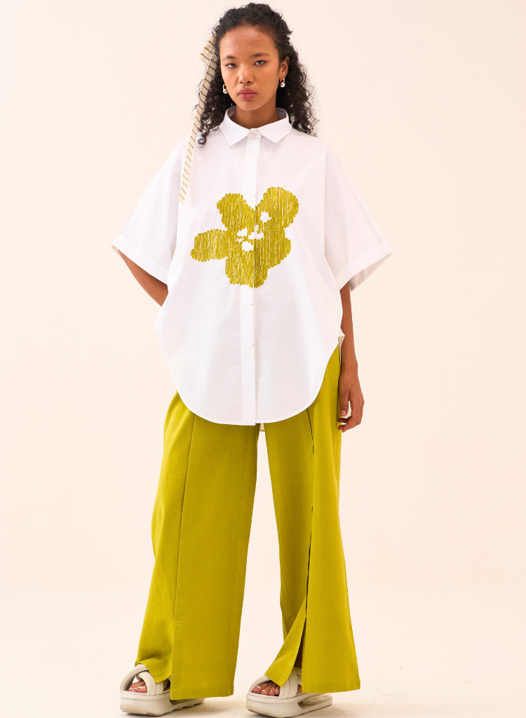 U Hem Floral Emb Shirt Set